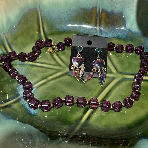 Vintage Purple Beaded Necklace & Matching Heart Dreamcatcher Earrings - Picture 2 of 4
